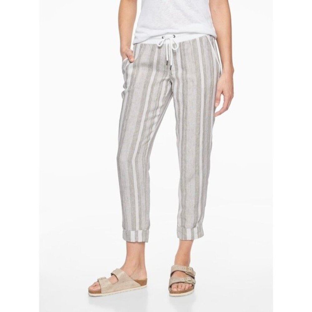 Athleta Beige and White Striped Cropped Drawstring Pants